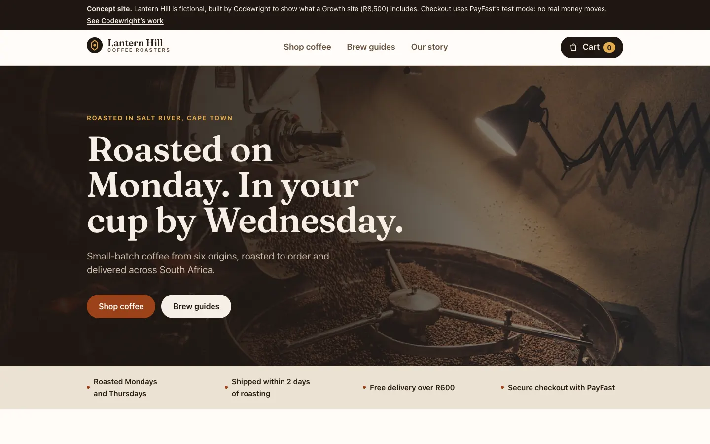 The Lantern Hill Coffee Roasters home page on a laptop