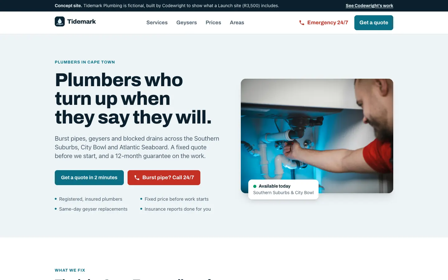 The Tidemark Plumbing home page on a laptop