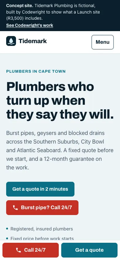 The same page on a phone, with call and quote buttons along the bottom